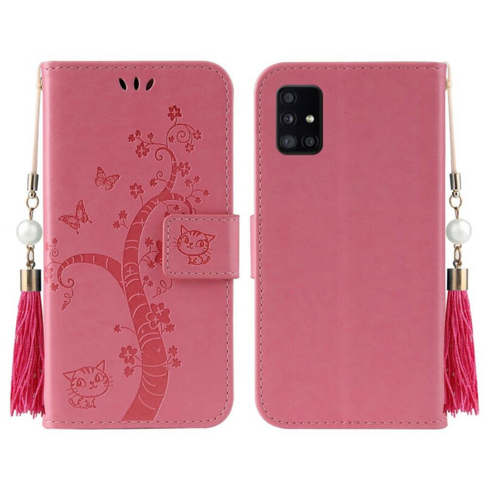 Flip Case Für Samsung Galaxy A51 5G Mit Kordel Baum Und Katze Mit Perle Am Riemen