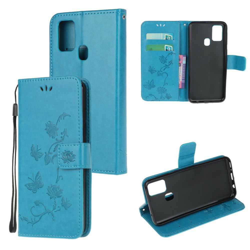 Flip Case Für Honor 9X Lite Mit Kordel Tanga Schmetterlinge Und Blumen