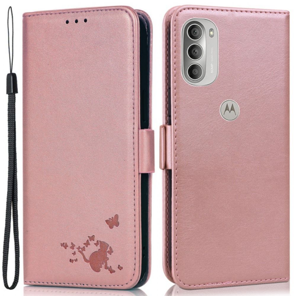 Lederhüllen Für Moto G51 5G Katze Und Schmetterlinge