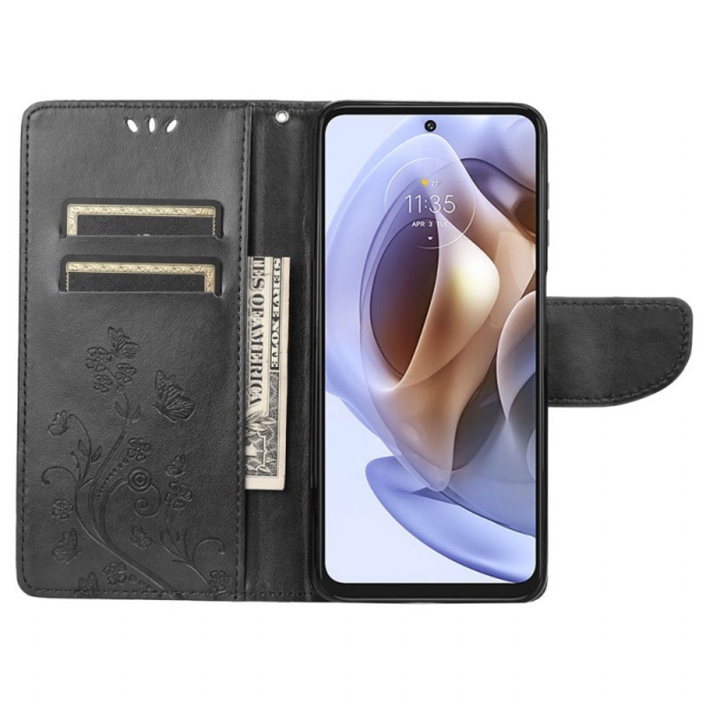 Lederhüllen Für Moto G51 5G Mit Kordel Prächtige Riemenschmetterlinge