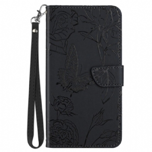 Flip Case Für iPhone 14 Pro Max Schmetterlinge Und Schulterriemen