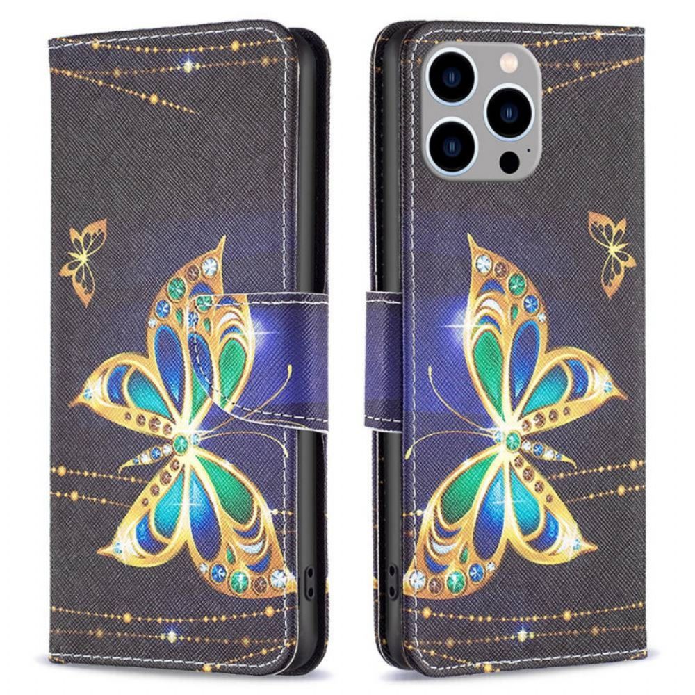 Lederhüllen Für iPhone 14 Pro Max Goldener Schmetterling
