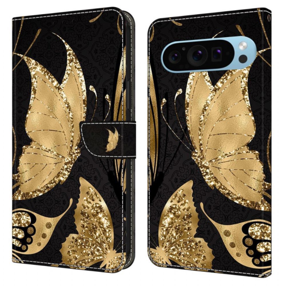 Lederhüllen Google Pixel 9 Pro Goldene Schmetterlinge Auf Schwarzem Hintergrund
