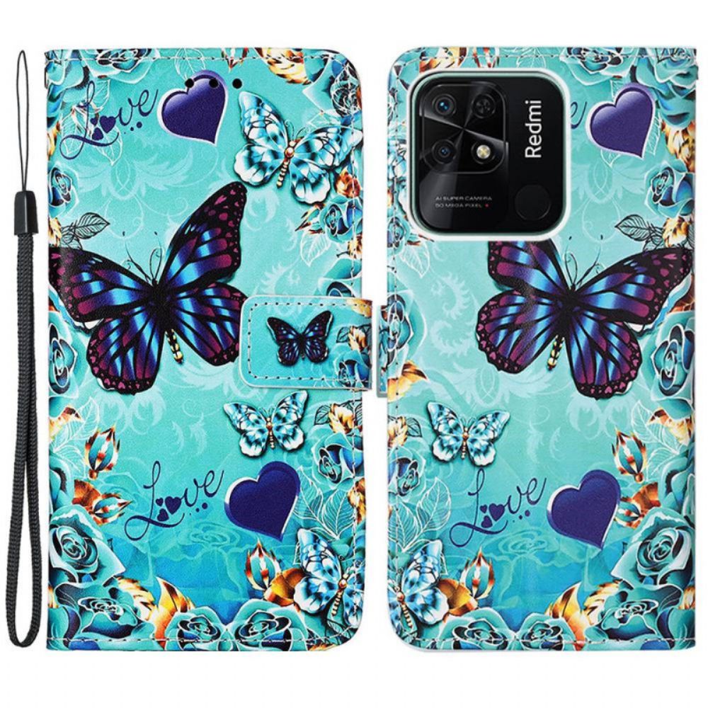 Flip Case Für Xiaomi Redmi 10C Mit Kordel Fliegende Riemenschmetterlinge