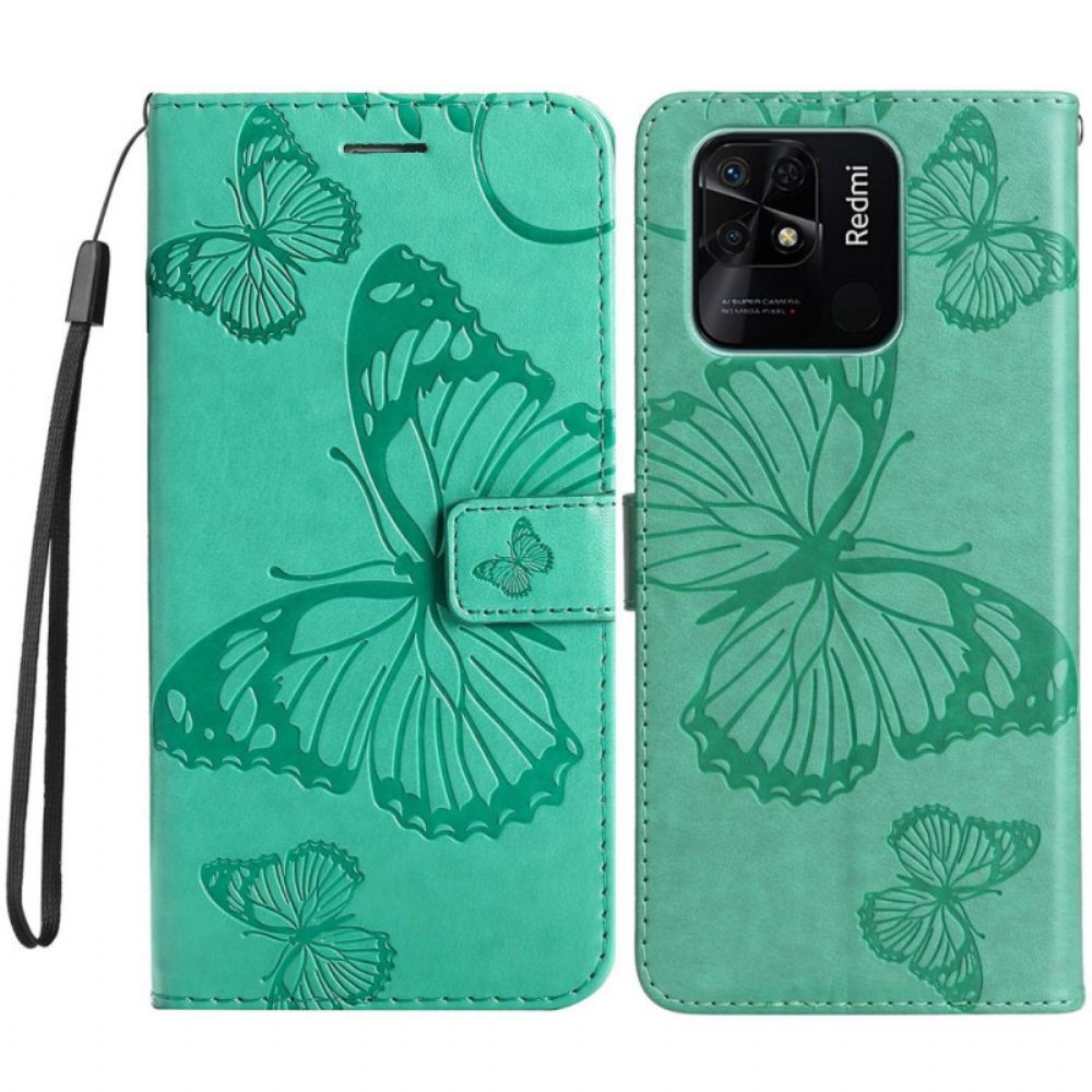 Flip Case Für Xiaomi Redmi 10C Mit Kordel Riesige Riemchen-schmetterlinge
