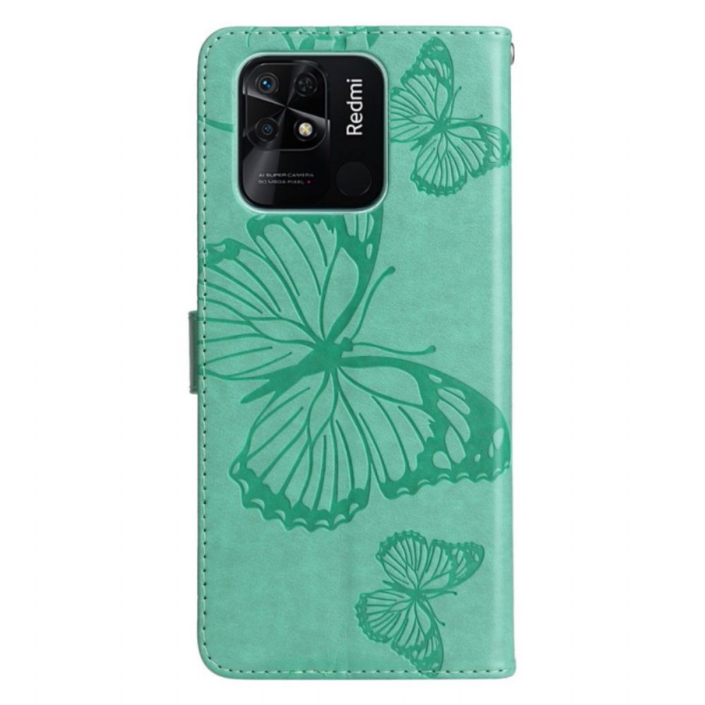 Flip Case Für Xiaomi Redmi 10C Mit Kordel Riesige Riemchen-schmetterlinge