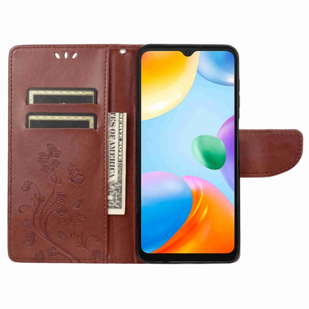 Flip Case Für Xiaomi Redmi 10C Mit Kordel Tanga Schmetterlinge Und Blumen