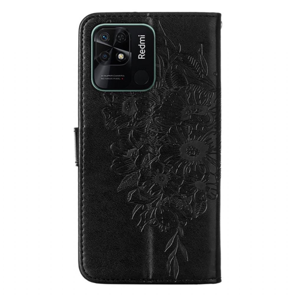 Lederhüllen Für Xiaomi Redmi 10C Schmetterlingsdesign Mit Lanyard