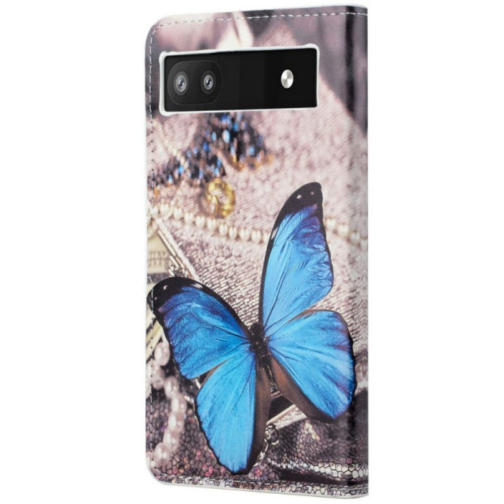 Lederhüllen Für Google Pixel 6A Blauer Schmetterling