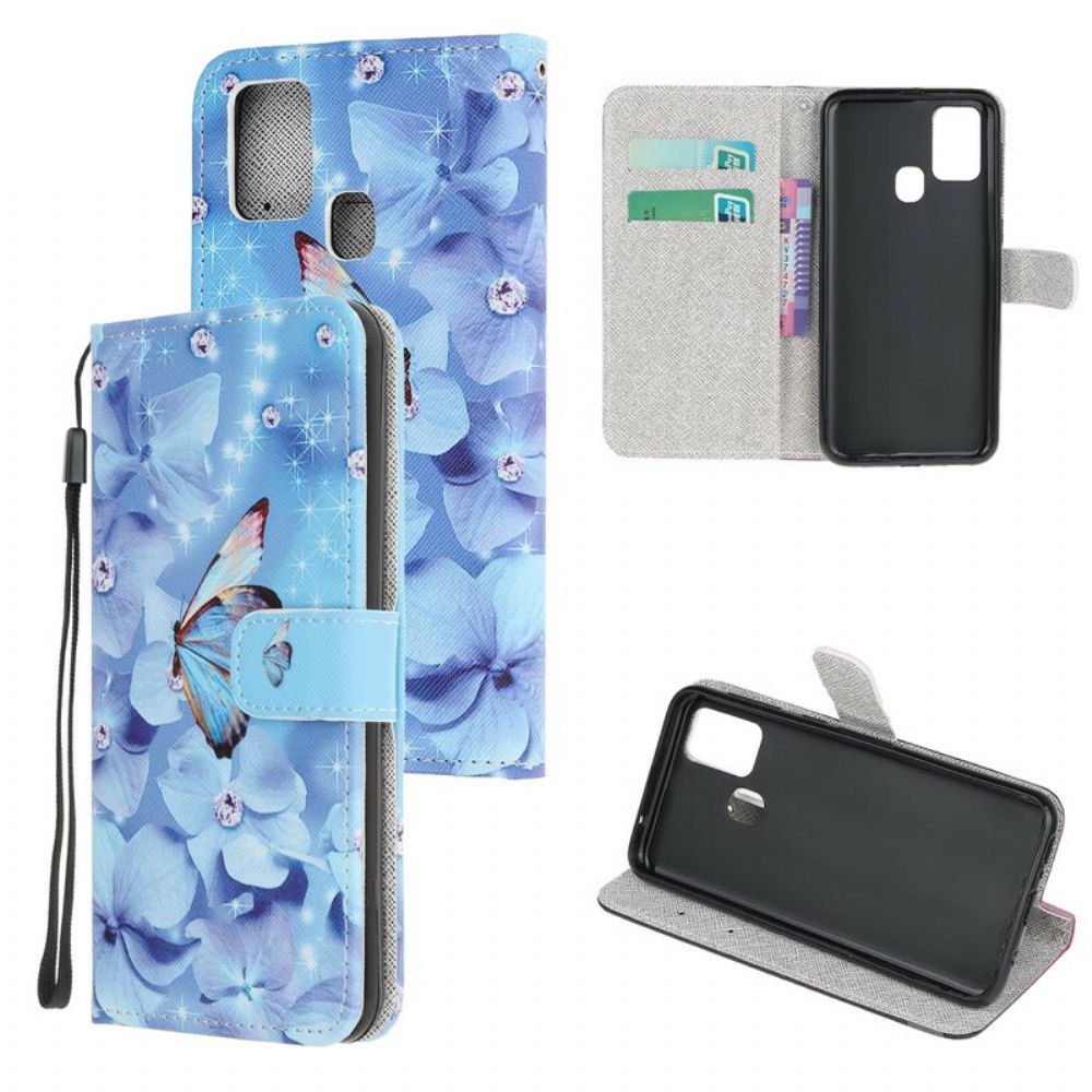 Flip Case Für OnePlus Nord N100 Mit Kordel Diamantband Schmetterlinge