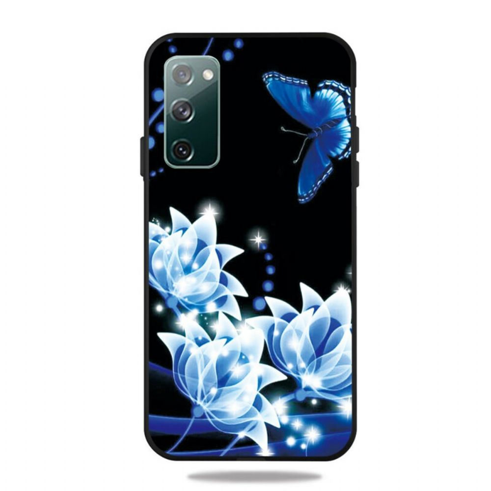 Handyhülle Für Samsung Galaxy S20 FE Schmetterling Und Blaue Blumen