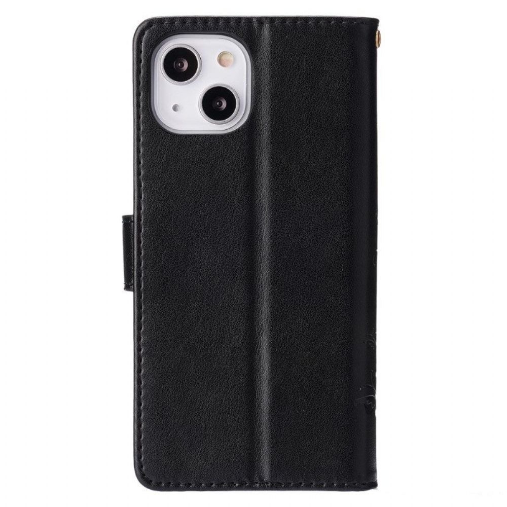 Flip Case Für iPhone 15 Blumen Mit Schlüsselband