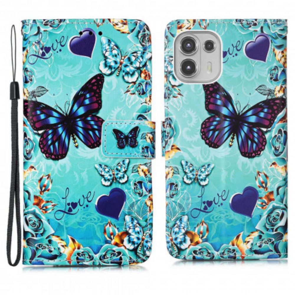 Flip Case Für Motorola Edge 20 Lite Mit Kordel Liebe Schmetterlinge Riemchen