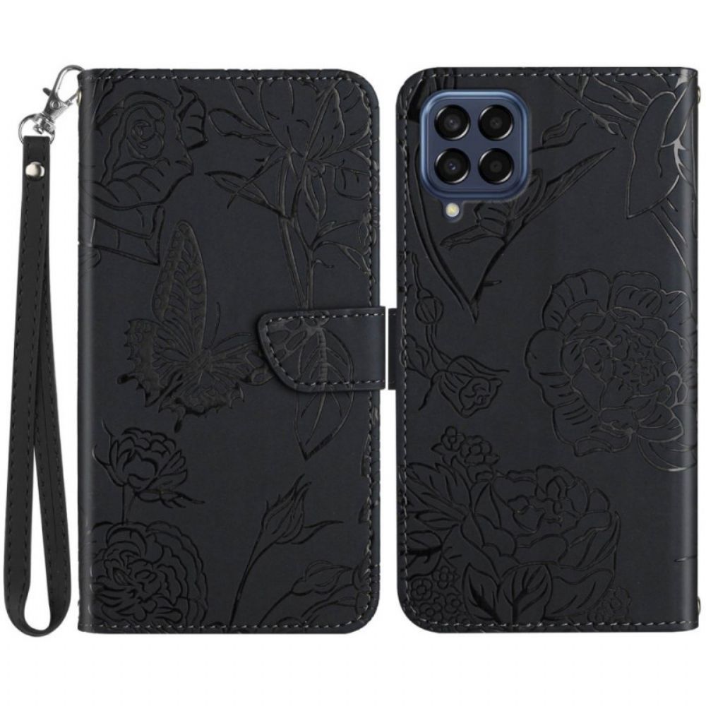 Lederhüllen Für Samsung Galaxy M33 5G Dezente Schmetterlinge Und Lanyard