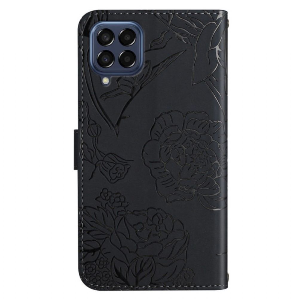 Lederhüllen Für Samsung Galaxy M33 5G Dezente Schmetterlinge Und Lanyard