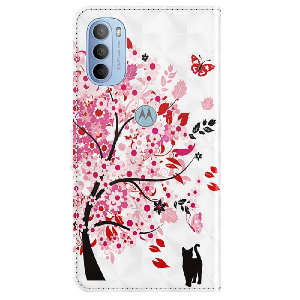 Lederhüllen Für Moto G31 / Moto G41 Rosa Baum Und Schwarze Katze