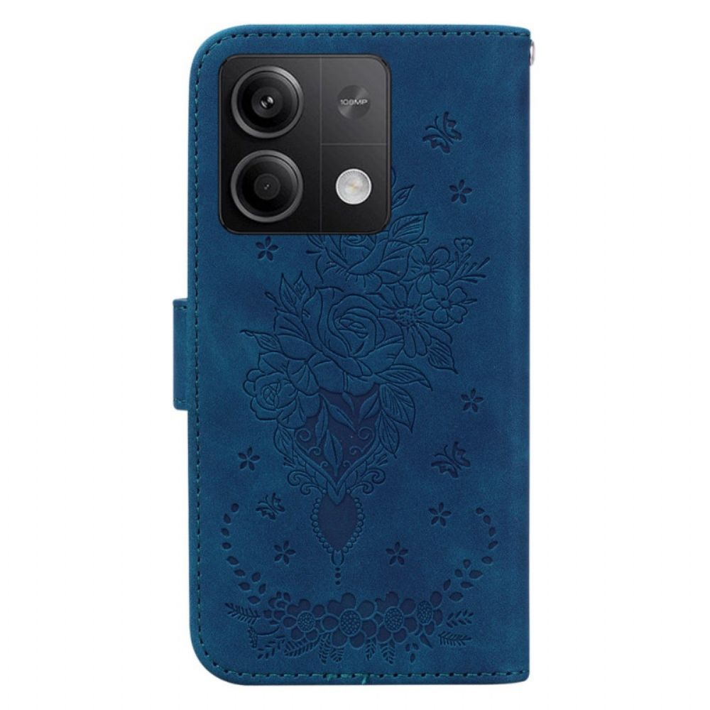 Lederhüllen Xiaomi Redmi Note 13 5g Handyhülle Rose Und Schmetterlinge Mit Riemen