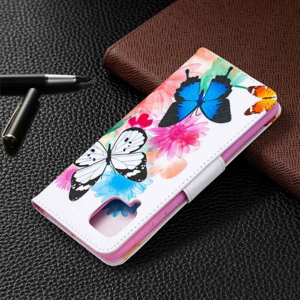 Lederhüllen Für Samsung Galaxy A42 5G Gemalte Schmetterlinge Und Blumen
