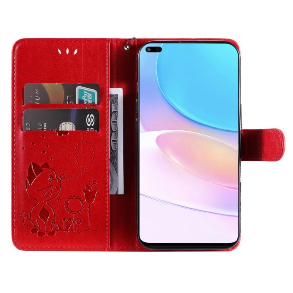 Lederhüllen Für Huawei Nova 8i / Honor 50 Lite Mit Kordel Katze Und Biene Mit Riemen