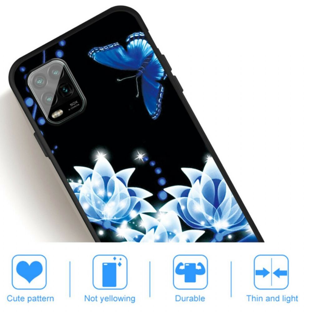 Hülle Für Xiaomi Mi 10 Lite Schmetterling Und Blaue Blumen
