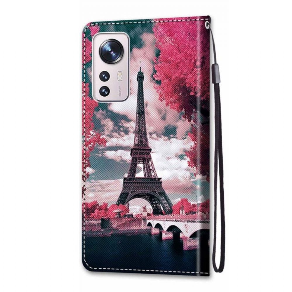 Flip Case Für Xiaomi 12 / 12X Mit Kordel Eiffelturm Mit Riemen