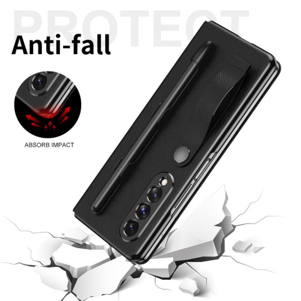 Schutzhülle Für Samsung Galaxy Z Fold 3 5G Flip Case Stylus-halter Und Riemen Im Litchi-leder-stil