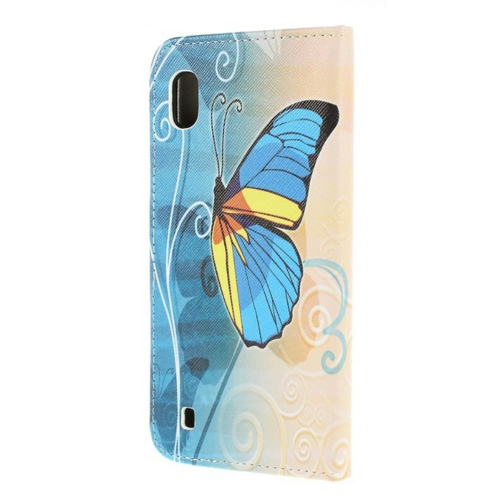 Lederhüllen Für Samsung Galaxy A10 Blauer Und Gelber Schmetterling
