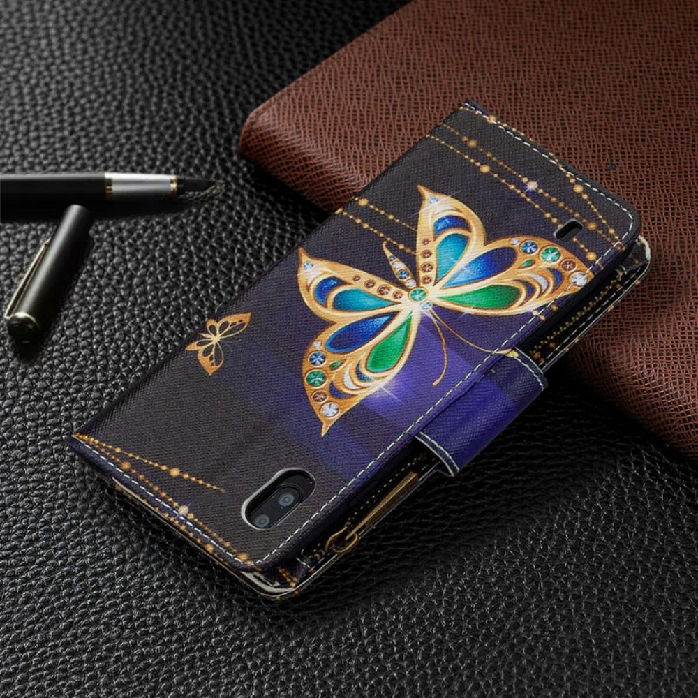 Lederhüllen Für Samsung Galaxy A10 Königliche Schmetterlingstasche Mit Reißverschluss