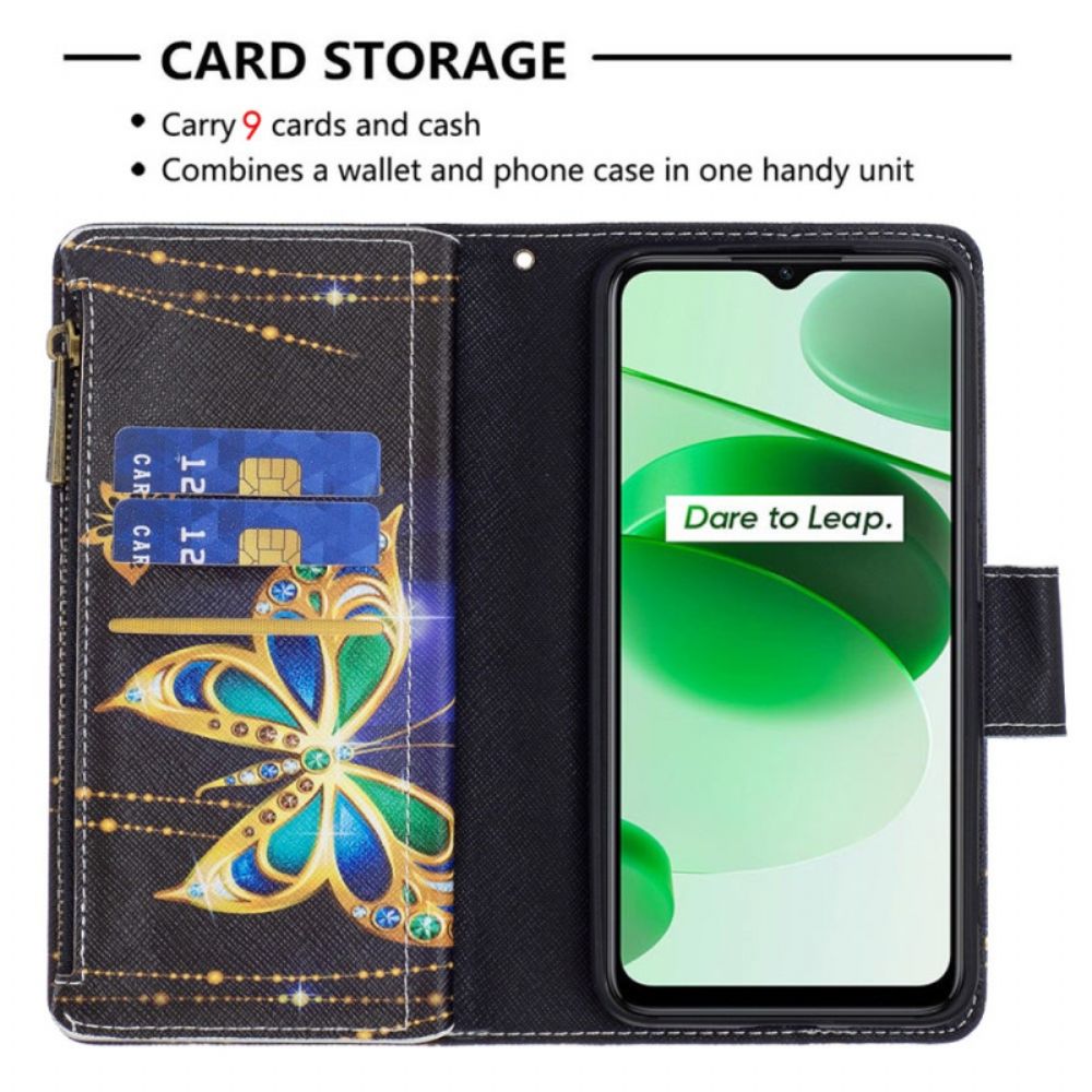Flip Case Für Realme C35 Mit Kordel Schmetterlingstasche Mit Reißverschluss Und Riemen