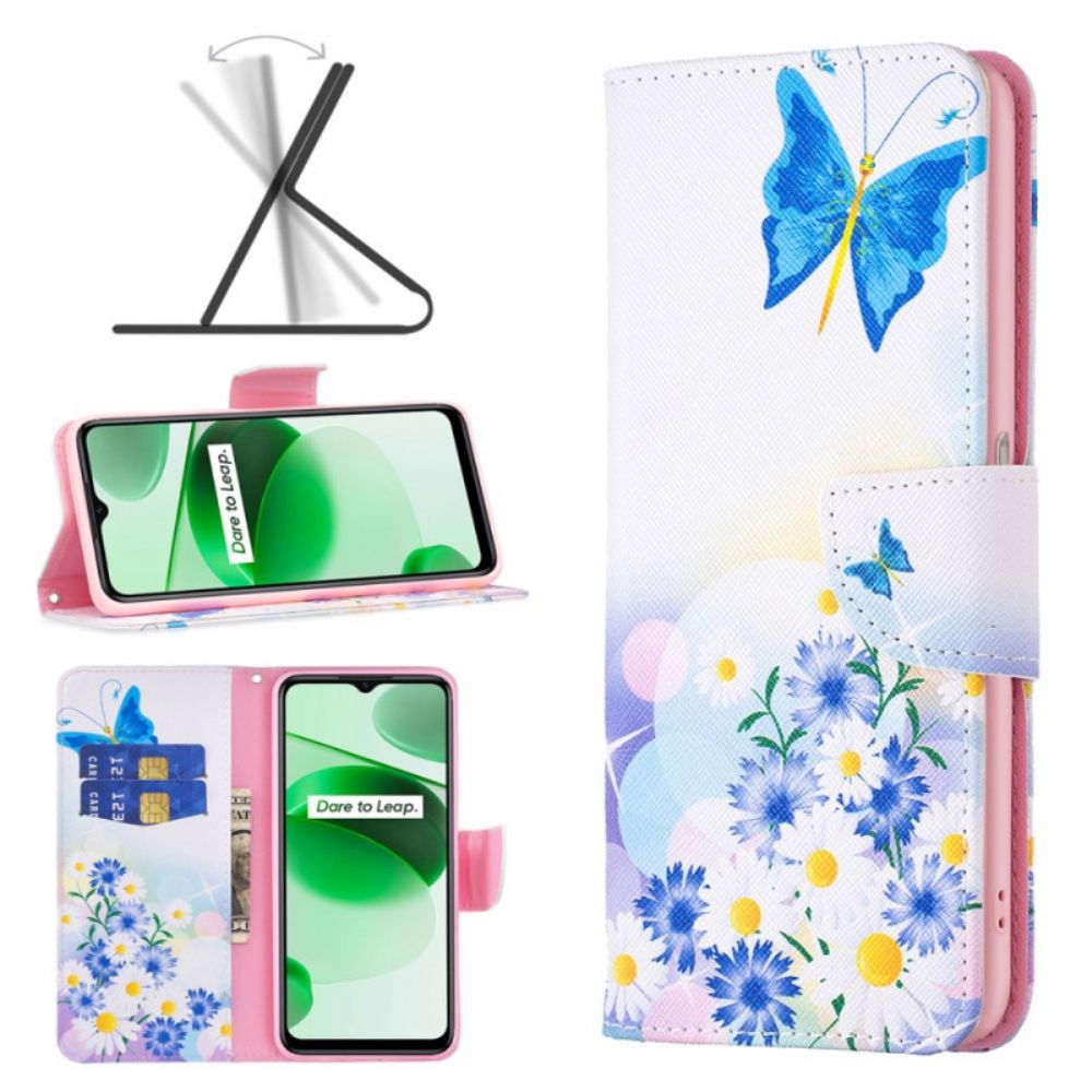 Lederhüllen Für Realme C35 Blumen Schmetterlinge