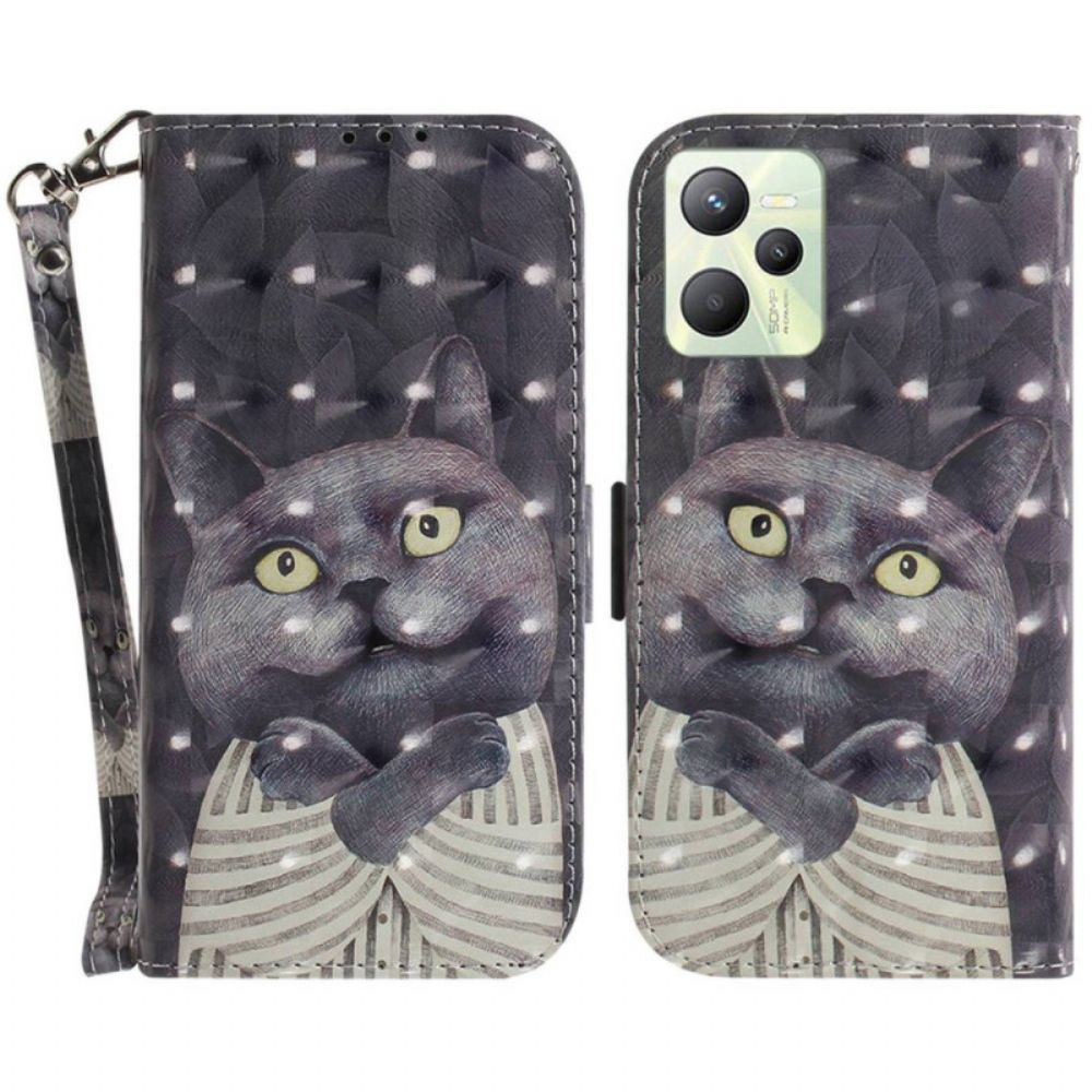 Lederhüllen Für Realme C35 Mit Kordel Graue Riemchenkatze