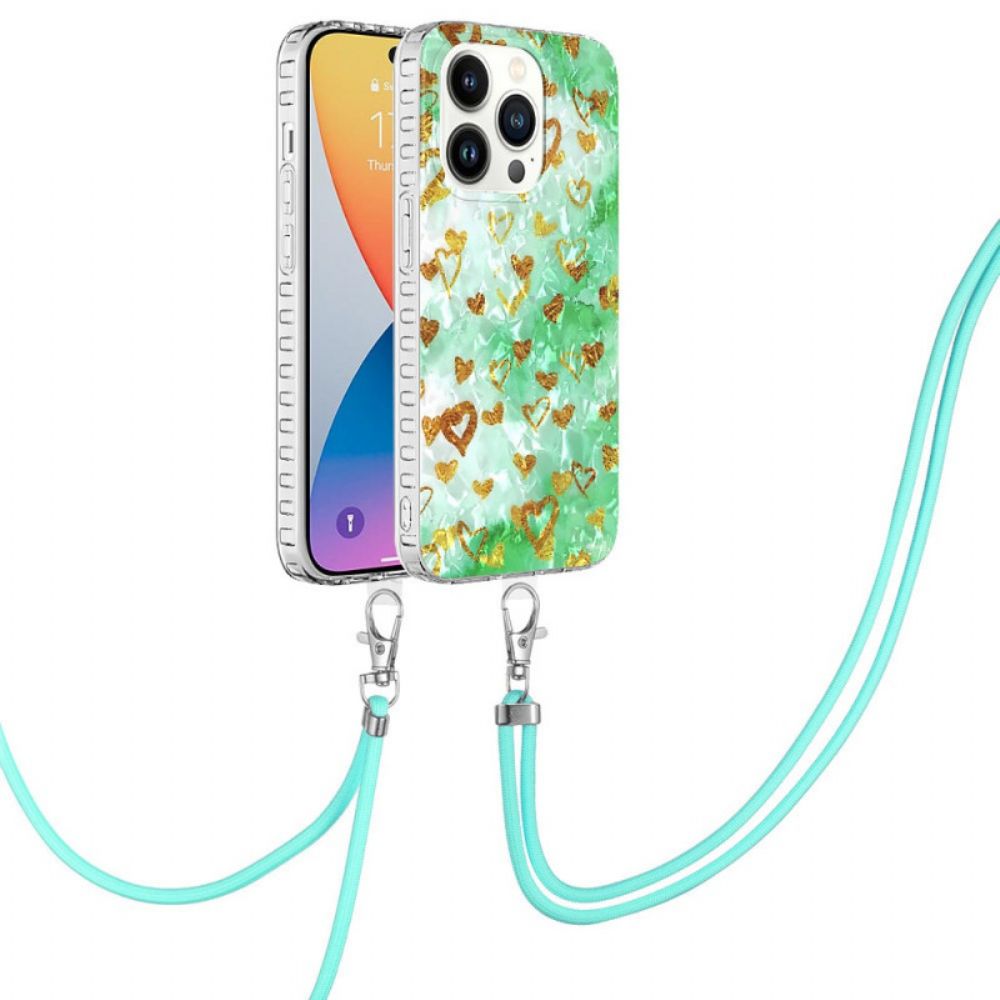 Handyhülle Für iPhone 14 Pro Mit Kordel Herzen Im Kordelstil