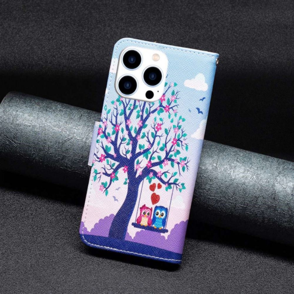Lederhüllen Für iPhone 14 Pro Eulen Auf Der Schaukel