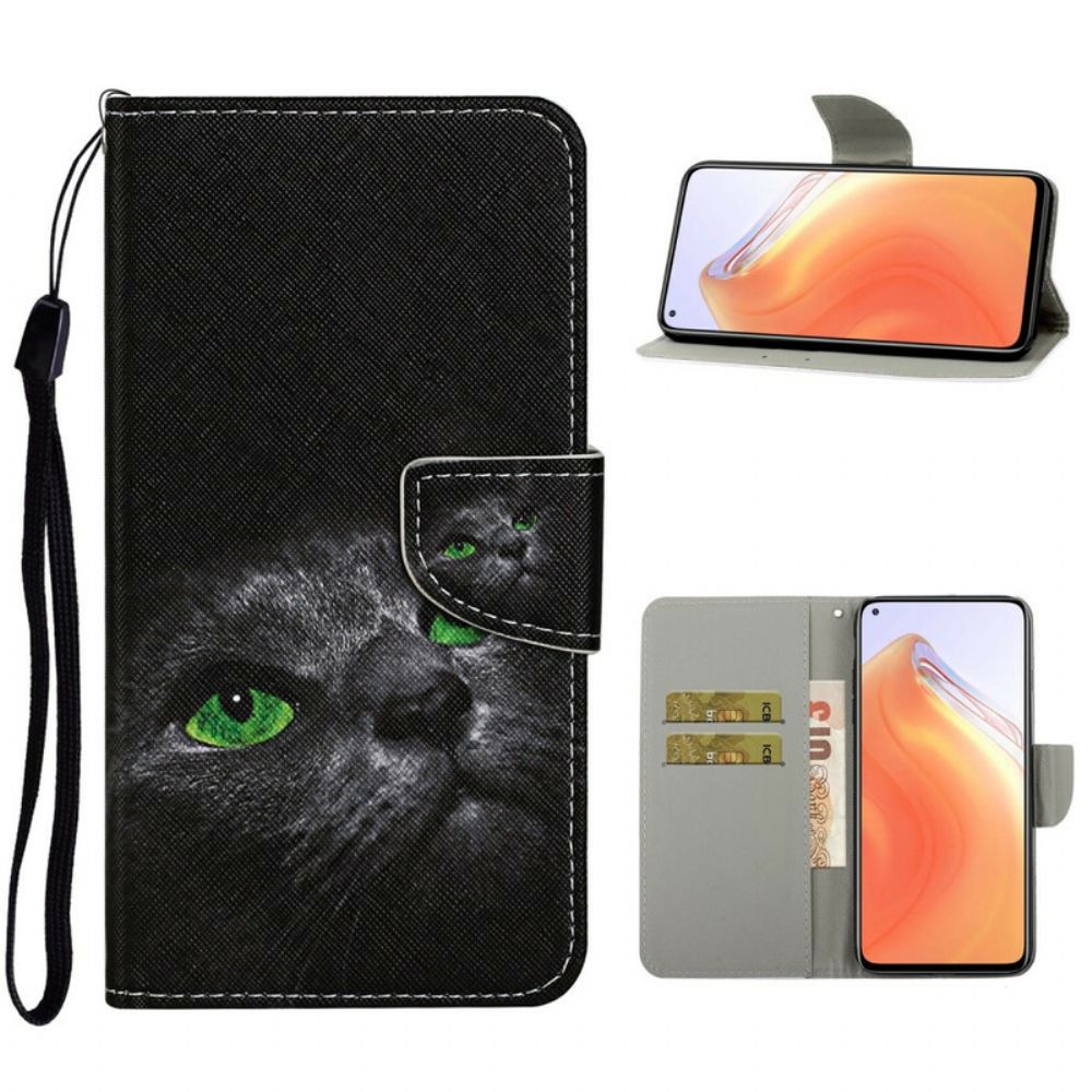 Flip Case Für Xiaomi Mi 10T / 10T Pro Grünäugige Katze Mit Lanyard