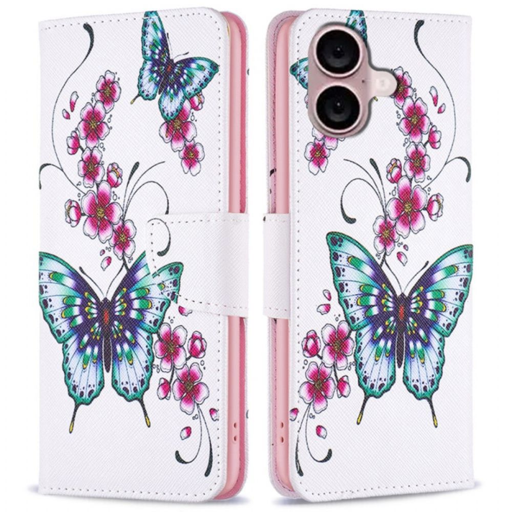 Lederhüllen iPhone 16 Plus Handyhülle Blumen Und Schmetterlinge