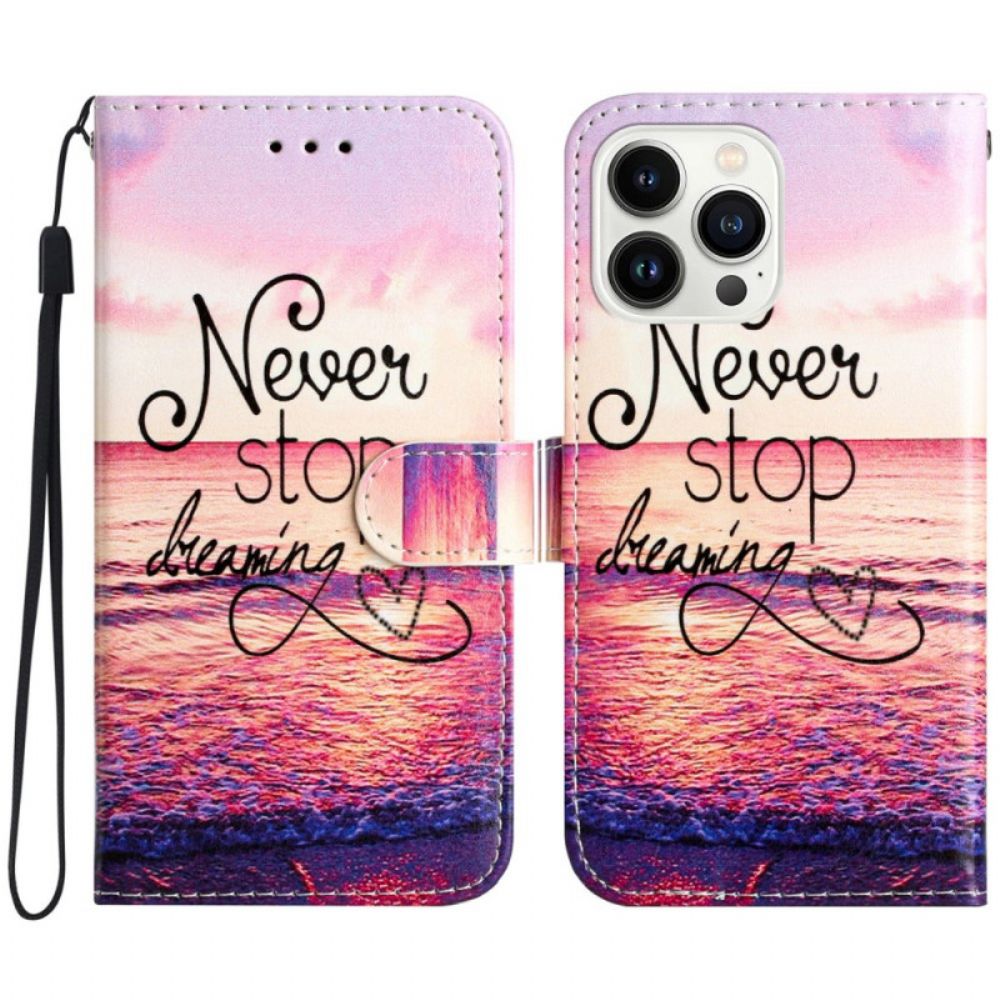 Lederhüllen iPhone 16 Pro Handyhülle Never Stop Dreaming Mit Strap