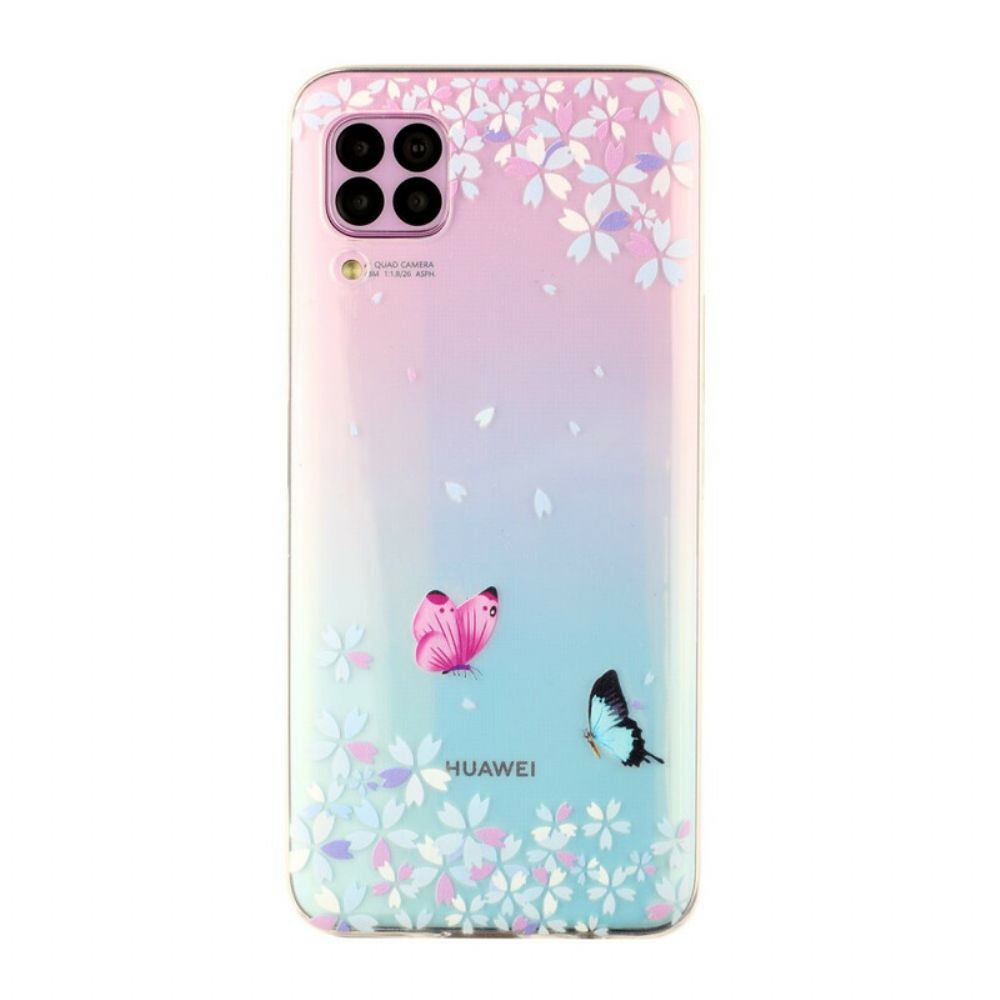 Handyhülle Für Huawei P40 Lite Transparente Schmetterlinge Und Blumen