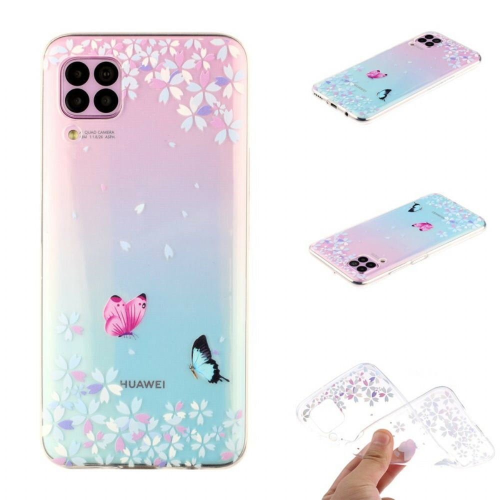 Handyhülle Für Huawei P40 Lite Transparente Schmetterlinge Und Blumen