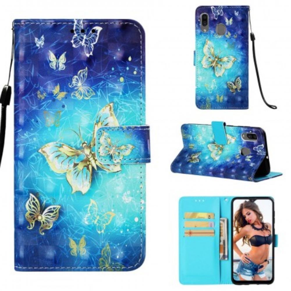 Lederhüllen Für Samsung Galaxy A30 / A20 Mit Kordel Goldene Schmetterlinge Mit Riemen