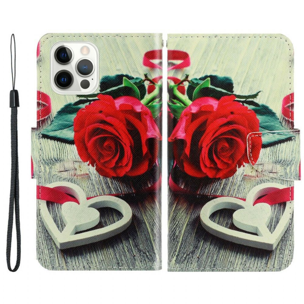 Flip Case Für iPhone 13 Pro Mit Kordel Romantische Riemchenrose