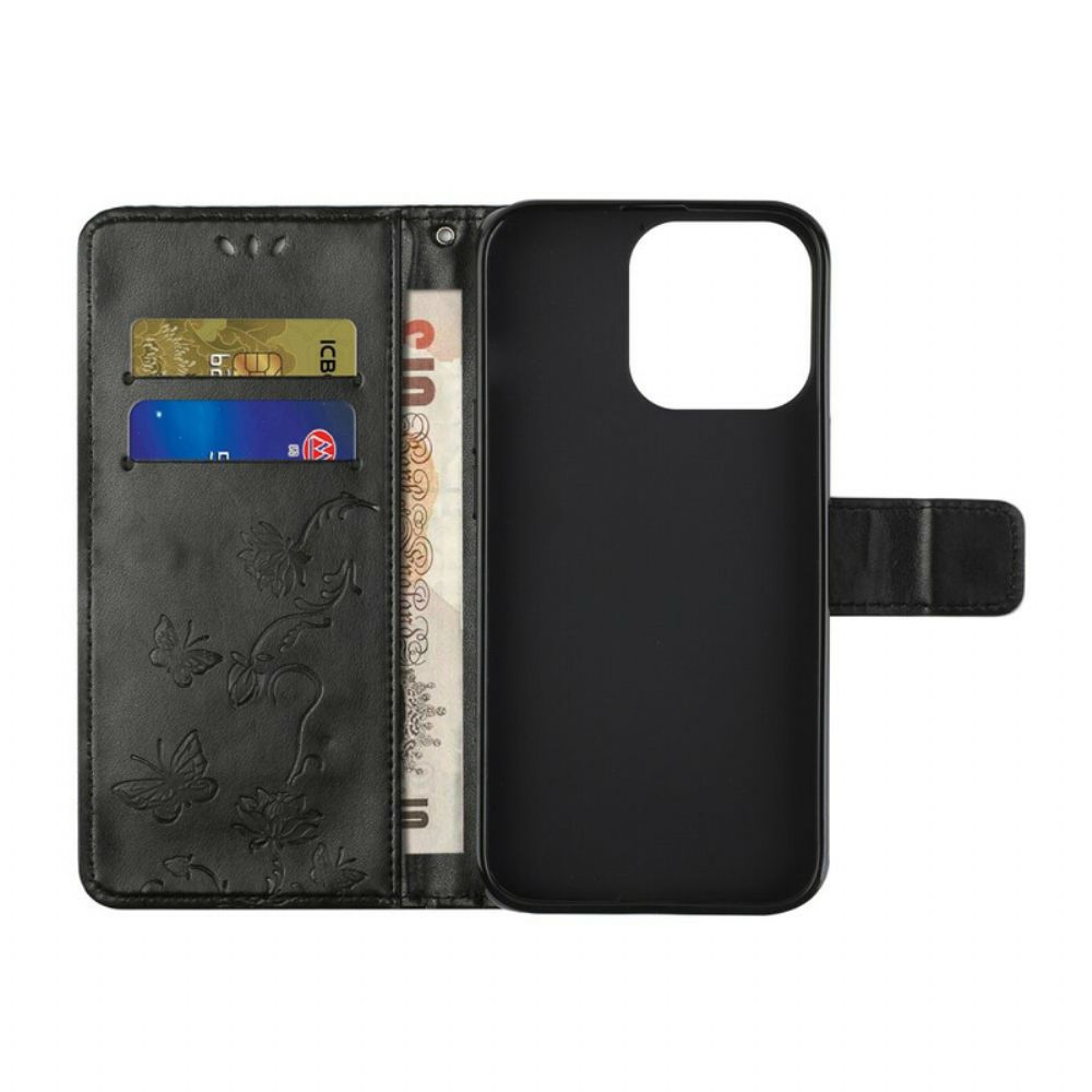 Flip Case Für iPhone 13 Pro Mit Kordel Tanga Schmetterlinge Und Blumen