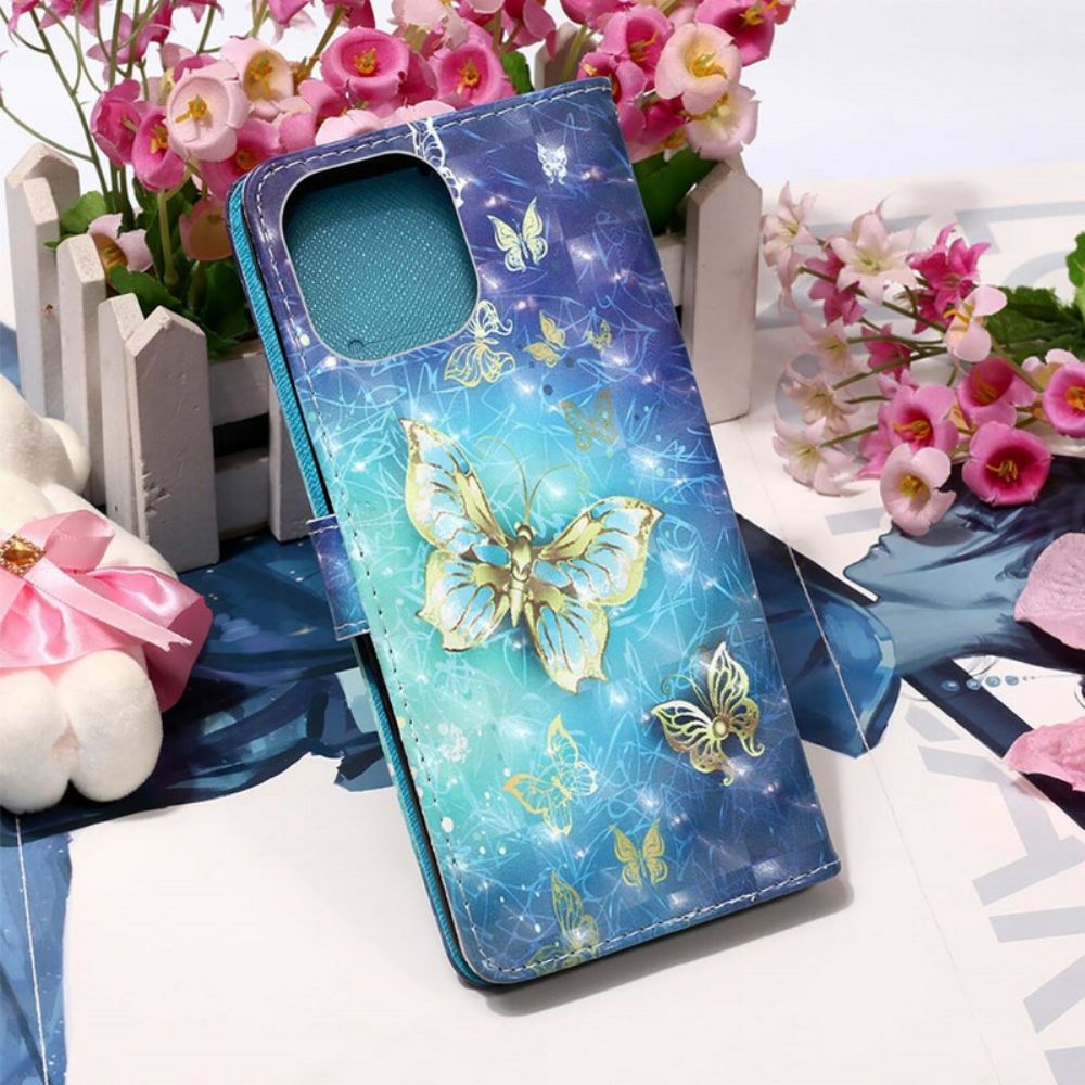 Lederhüllen Für iPhone 13 Pro Goldenes Schlüsselband Mit Schmetterlingen