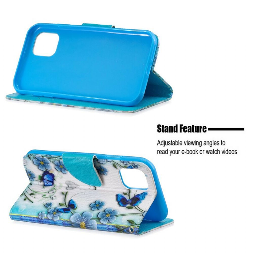 Flip Case Für iPhone 11 Mit Kordel Blaue Riemen Schmetterlinge Und Blumen