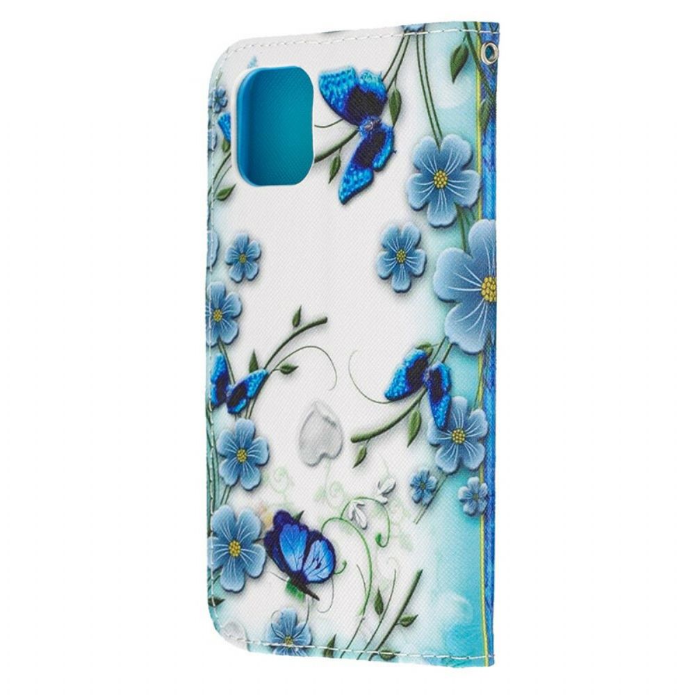 Flip Case Für iPhone 11 Mit Kordel Blaue Riemen Schmetterlinge Und Blumen