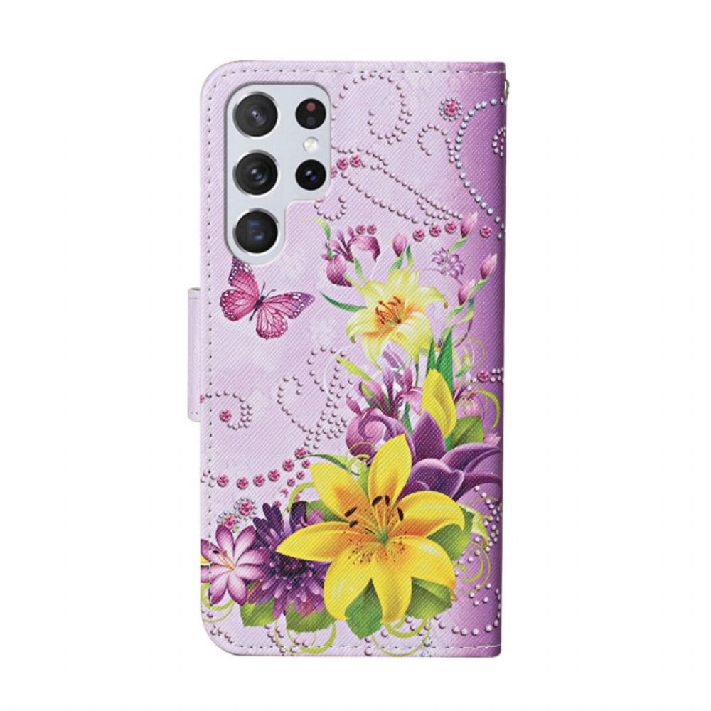 Flip Case Für Samsung Galaxy S22 Ultra 5G Meisterhafte Blumen Mit Riemen