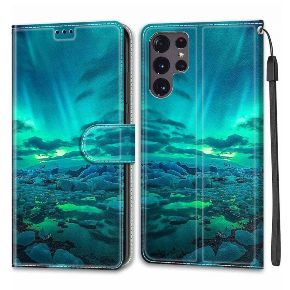 Flip Case Für Samsung Galaxy S22 Ultra 5G Mit Kordel Riemenlandschaft