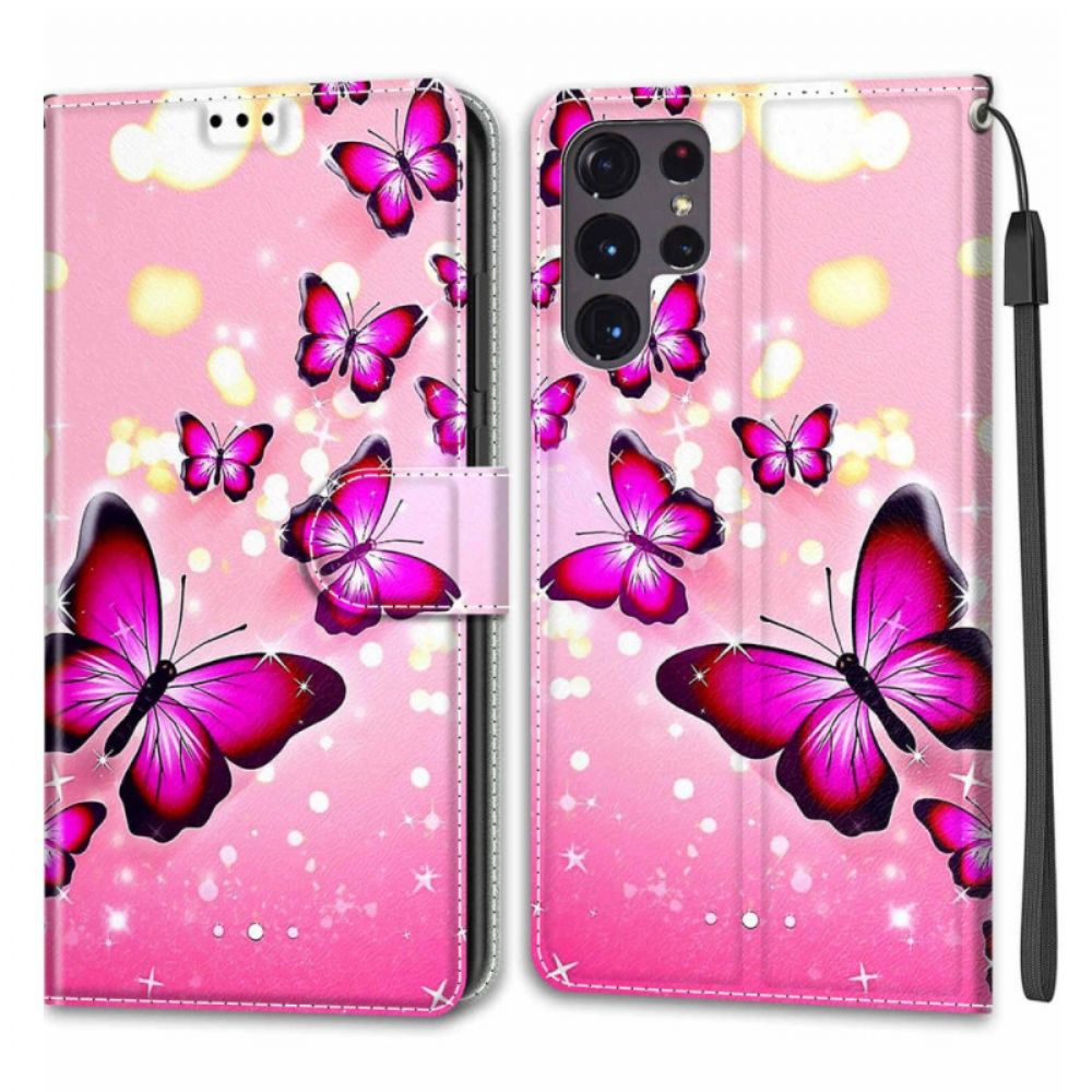 Flip Case Für Samsung Galaxy S22 Ultra 5G Mit Kordel Tanga Schmetterlingsfächer