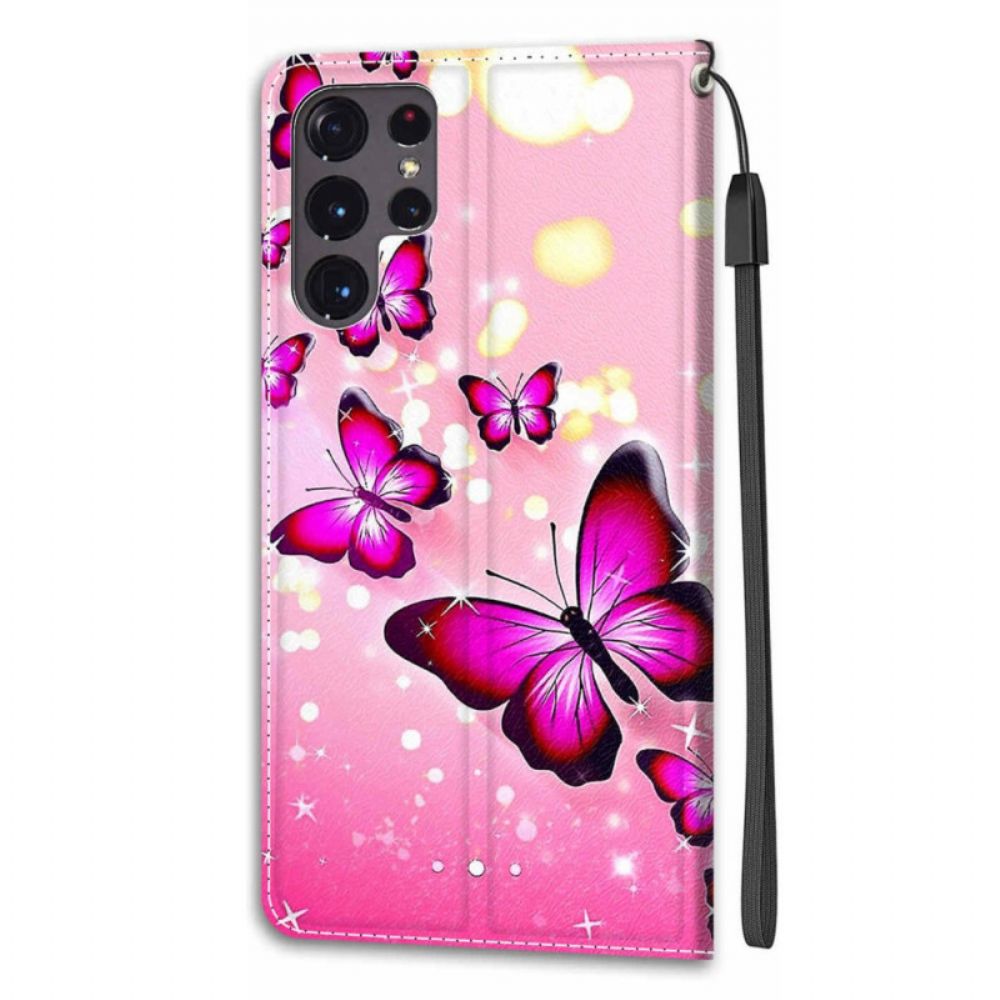Flip Case Für Samsung Galaxy S22 Ultra 5G Mit Kordel Tanga Schmetterlingsfächer