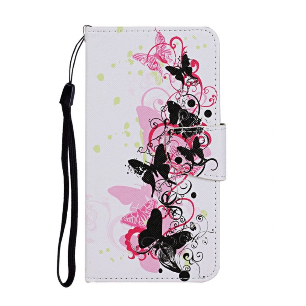 Flip Case Für Samsung Galaxy S22 Ultra 5G Schmetterlinge Und Lanyard