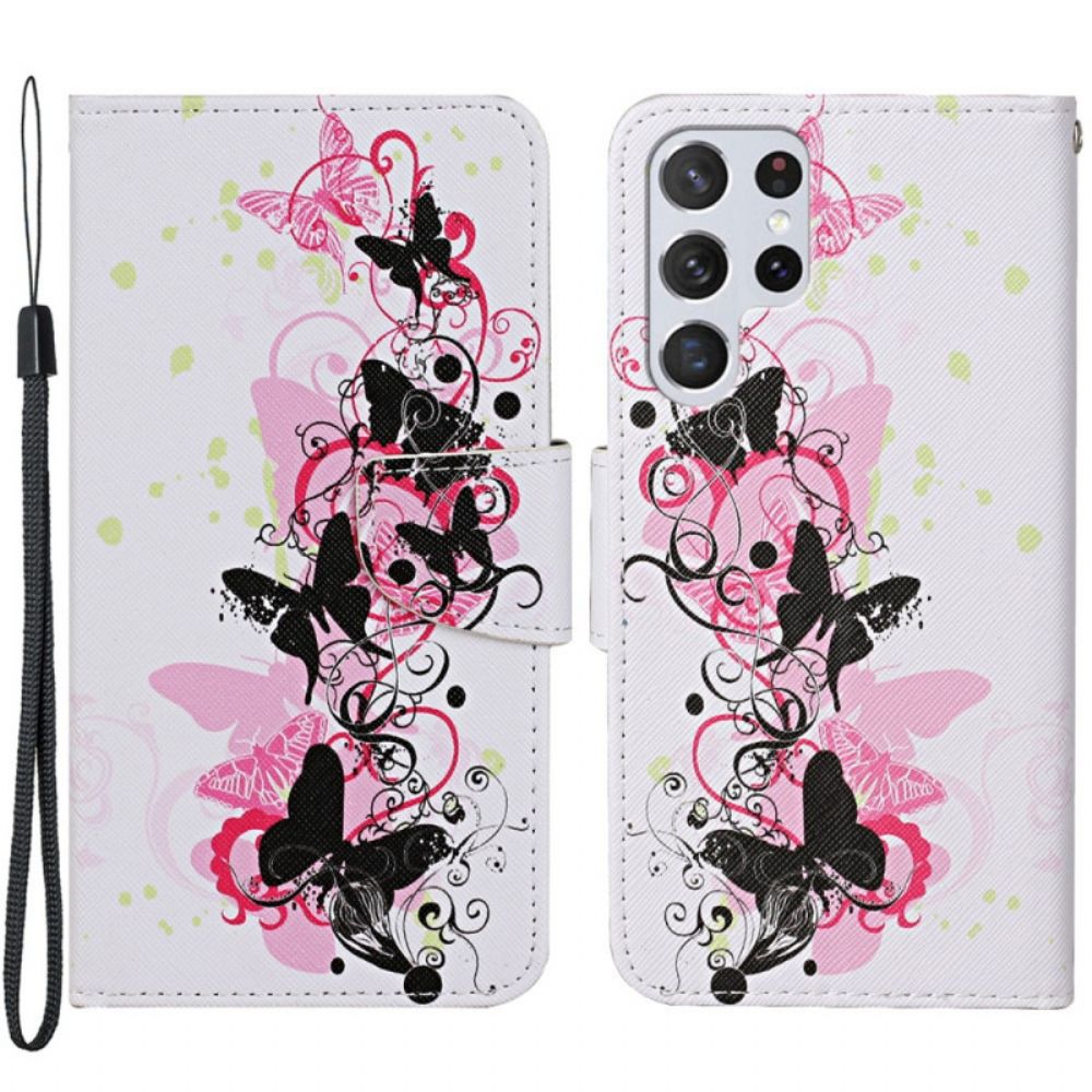 Flip Case Für Samsung Galaxy S22 Ultra 5G Schmetterlinge Und Lanyard